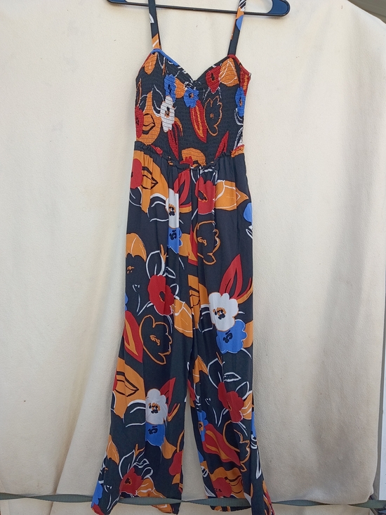 Lush Pants - Lush Black Floral Smocked Jumpsuit with Red, Orange & Blue Flowers